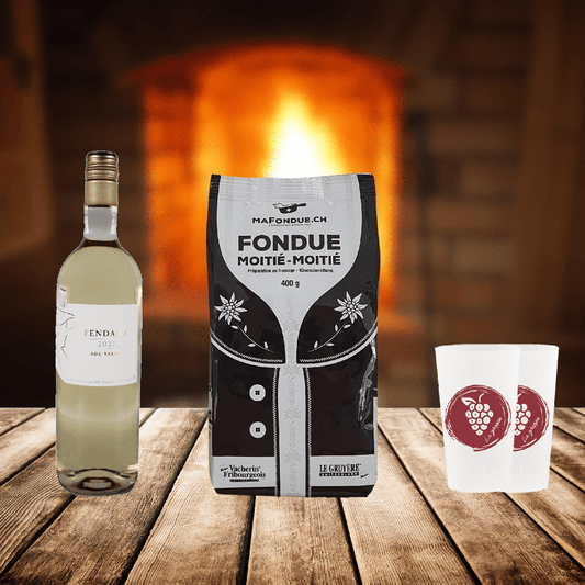 Petite bouteille de vin blanc Fendant avec fondue et 2 gobelets en plastique