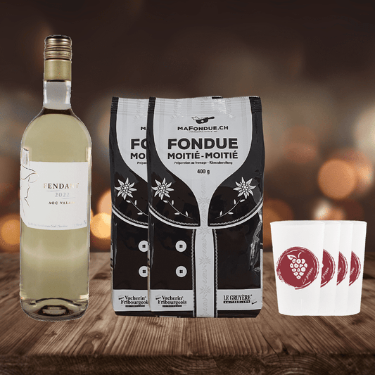 Grande bouteille de vin blanc Fendant avec 2 fondue et 4 gobelets en plastique